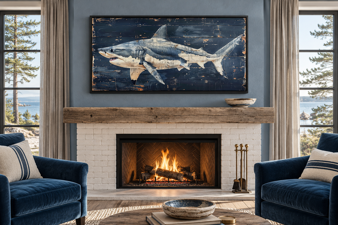 Great white shark painting on navy blue distressed wood frame above a fireplace in a coastal room.