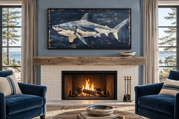Great white shark painting on navy blue distressed wood frame above a fireplace in a coastal room.