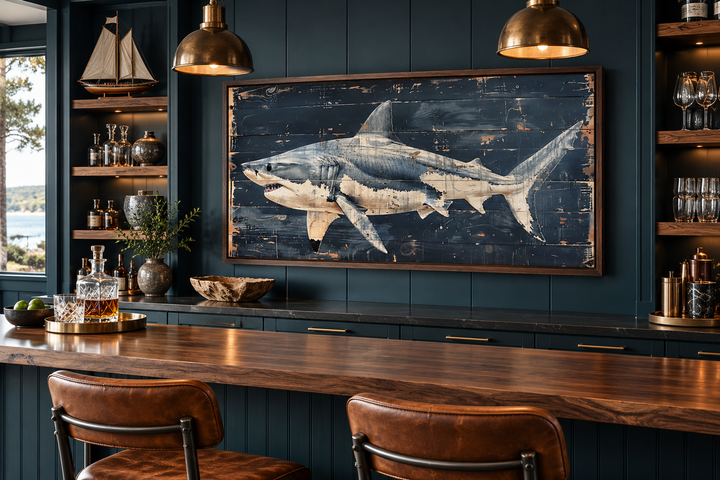 Great white shark painting on navy blue distressed wood frame in a nautical home bar setting.