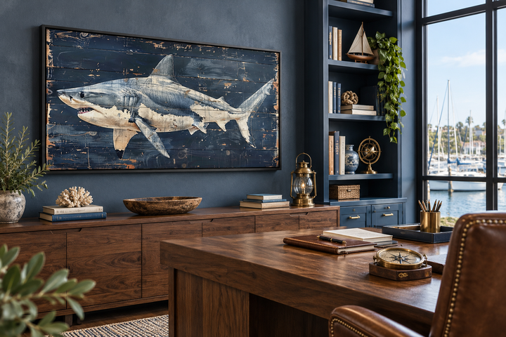 Great white shark painting on navy blue distressed wood frame in a nautical home office.