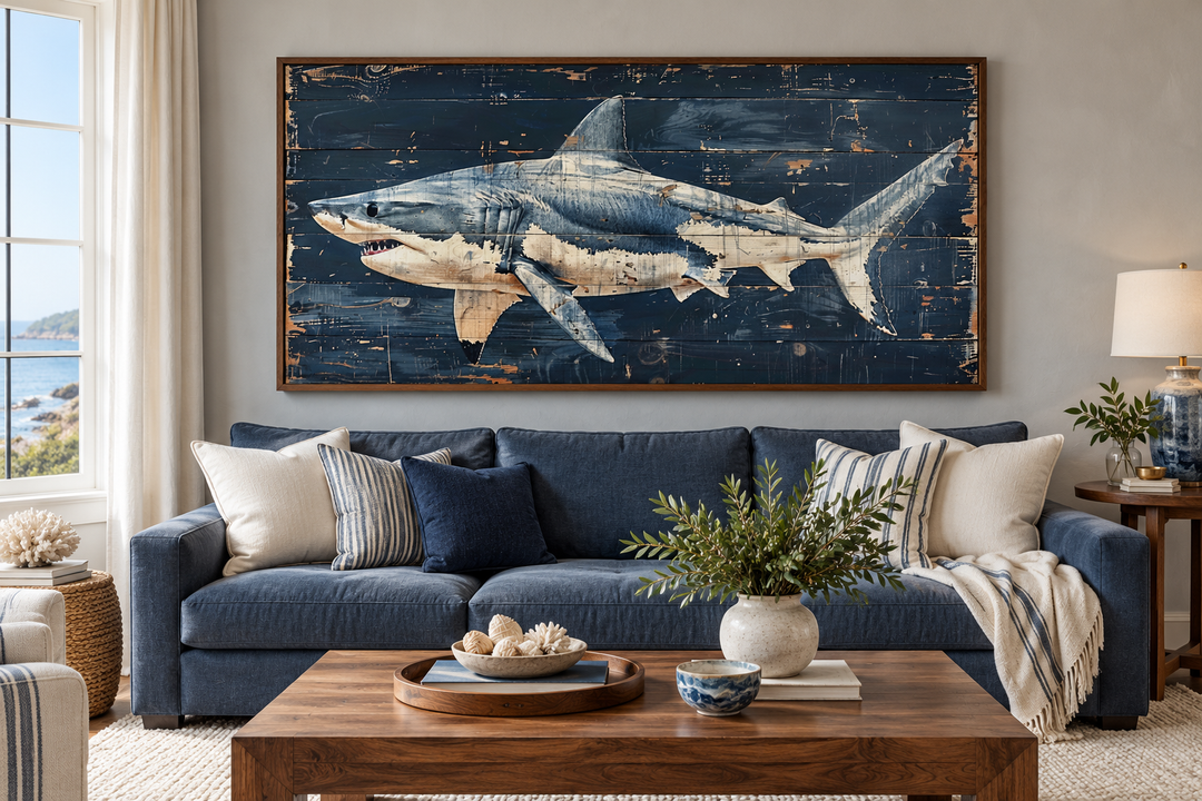 Great white shark painting on navy blue distressed wood frame above a blue sofa in a coastal room.