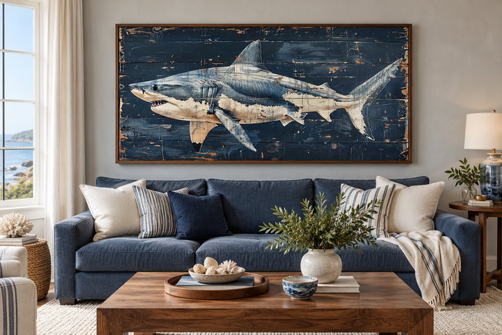 Great white shark painting on navy blue distressed wood frame above a blue sofa in a coastal room.