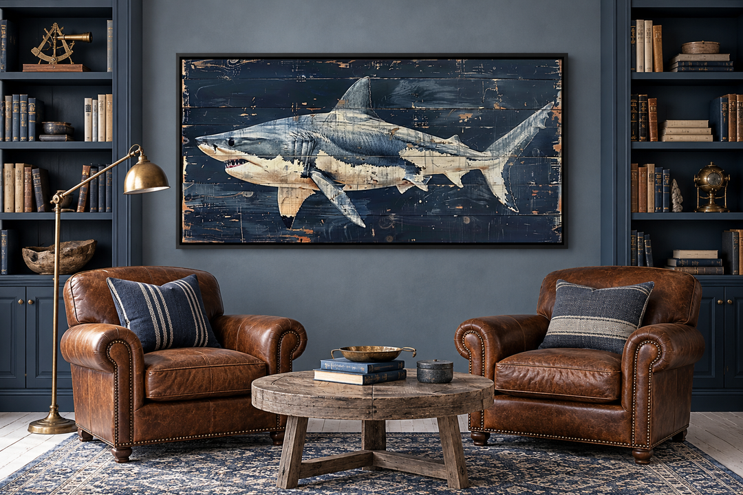 Great white shark painting on navy blue distressed wood frame in a nautical-themed library.