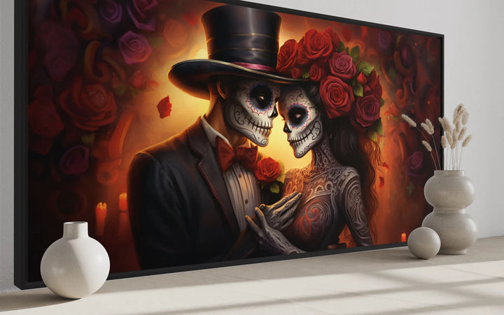 Day of The Dead Sugar Skull Couple Romantic Mexican Framed Canvas Wall Art close up side view