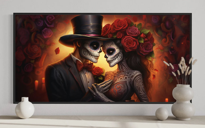 Day of The Dead Sugar Skull Couple Romantic Mexican Framed Canvas Wall Art close up