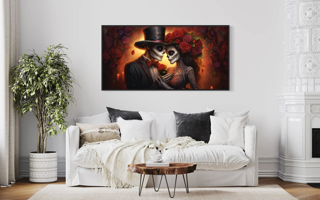 Day of The Dead Sugar Skull Couple Romantic Mexican Framed Canvas Wall Art above white couch