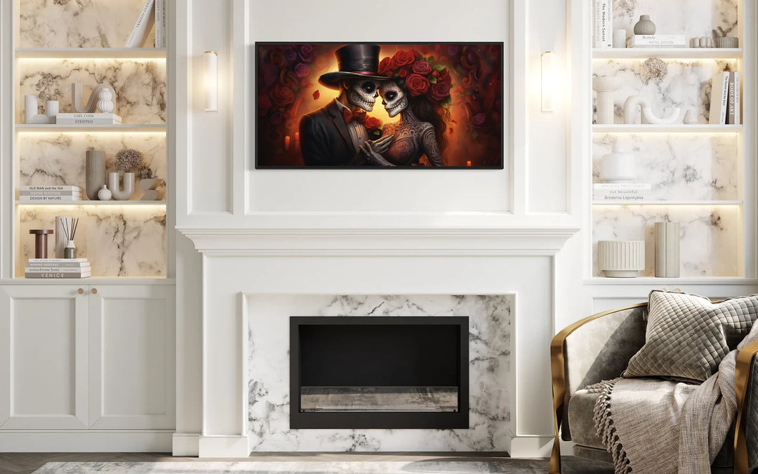 Day of The Dead Sugar Skull Couple Romantic Mexican Framed Canvas Wall Art above fireplace