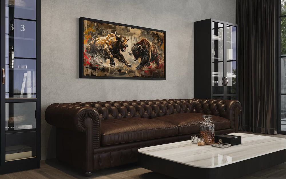 Wall Street Bull Fighting Bear Graffiti Painting Extra Large Canvas Wall Art in man cave side view