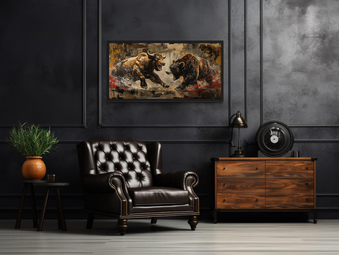 Wall Street Bull Fighting Bear Graffiti Painting Extra Large Canvas Wall Art in man cave