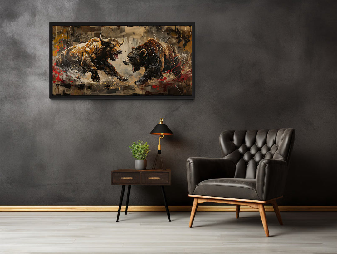 Wall Street Bull Fighting Bear Graffiti Painting Extra Large Canvas Wall Art