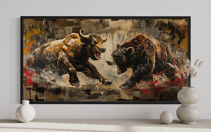 Wall Street Bull Fighting Bear Graffiti Painting Extra Large Canvas Wall Art close up