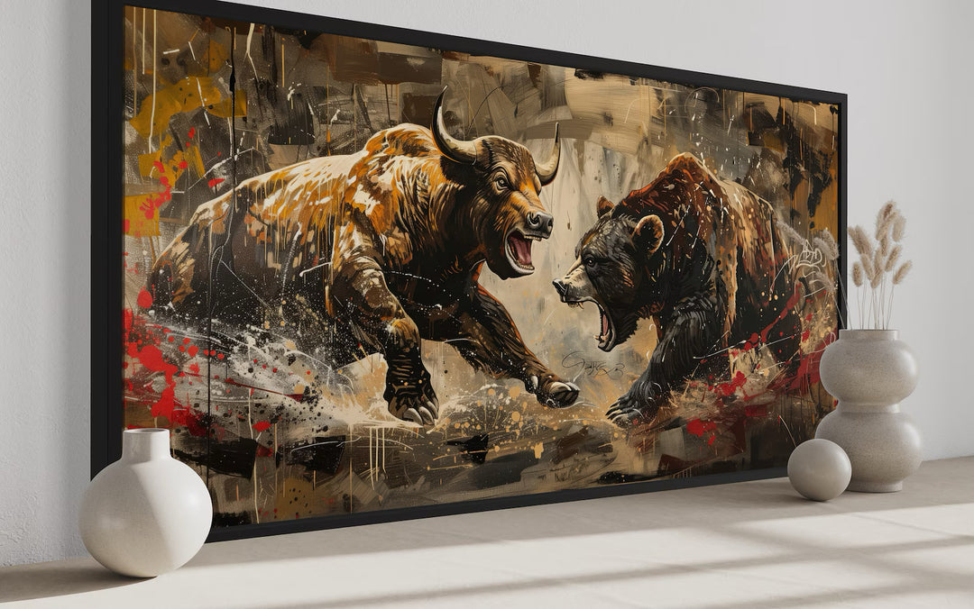 Wall Street Bull Fighting Bear Graffiti Painting Extra Large Canvas Wall Art