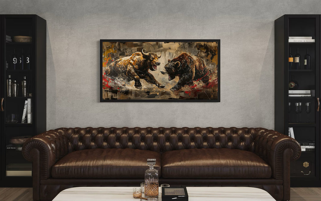 Wall Street Bull Fighting Bear Graffiti Painting Extra Large Canvas Wall Art in man cave