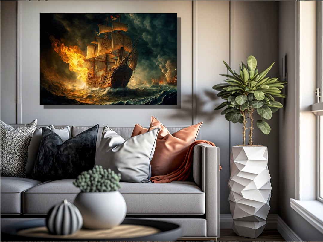 Pirate Ship Battle In Ocean Storm Nautical Framed Canvas Wall Art above couch