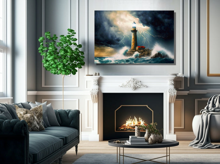 Lighthouse In Stormy Ocean Nautical Wall Art above fireplace