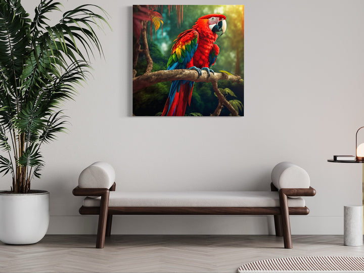 Scarlet Macaw Parrot Framed Canvas Wall Art above a bench