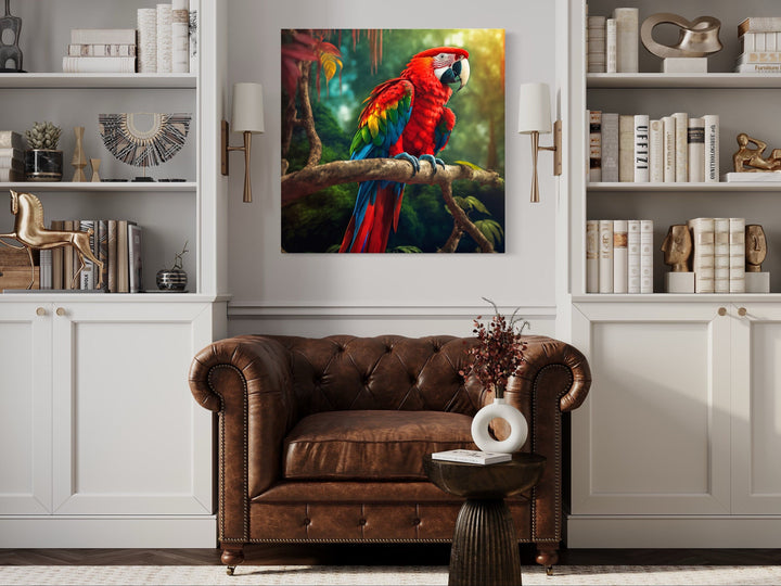 Scarlet Macaw Parrot Framed Canvas Wall Art in library