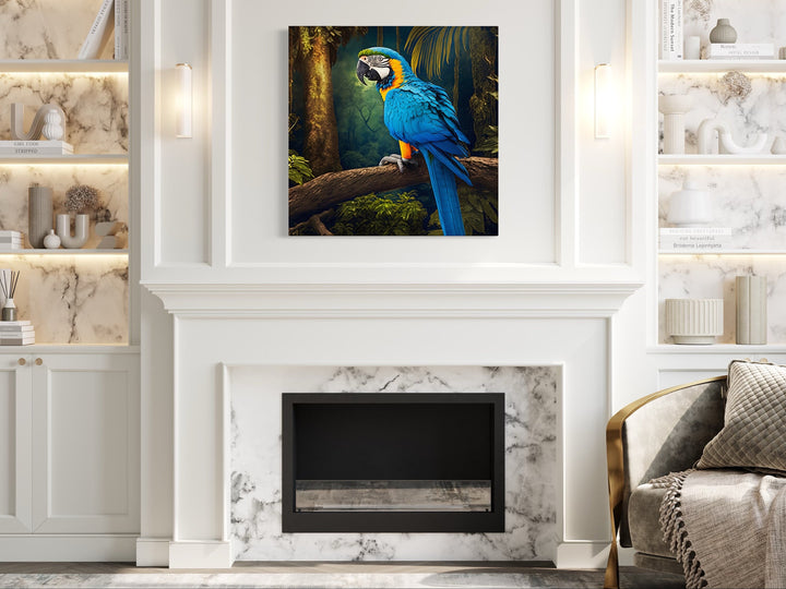 Blue And Yellow Gold Macaw Parrot Framed Canvas Wall Art above fireplace