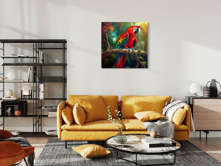 Scarlet Macaw Parrot Framed Canvas Wall Art in living room