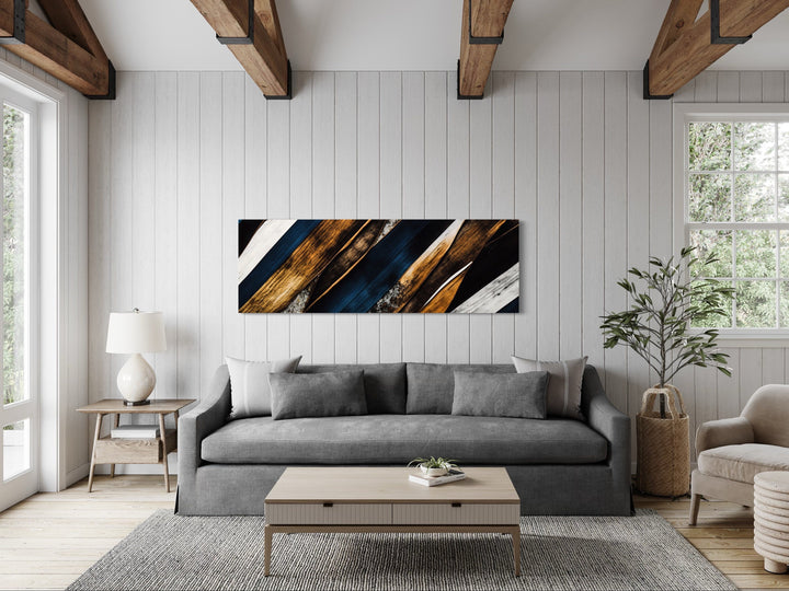 Navy Blue And Gold Long Horizontal Narrow Modern Rustic Framed Canvas Wall Art in living room