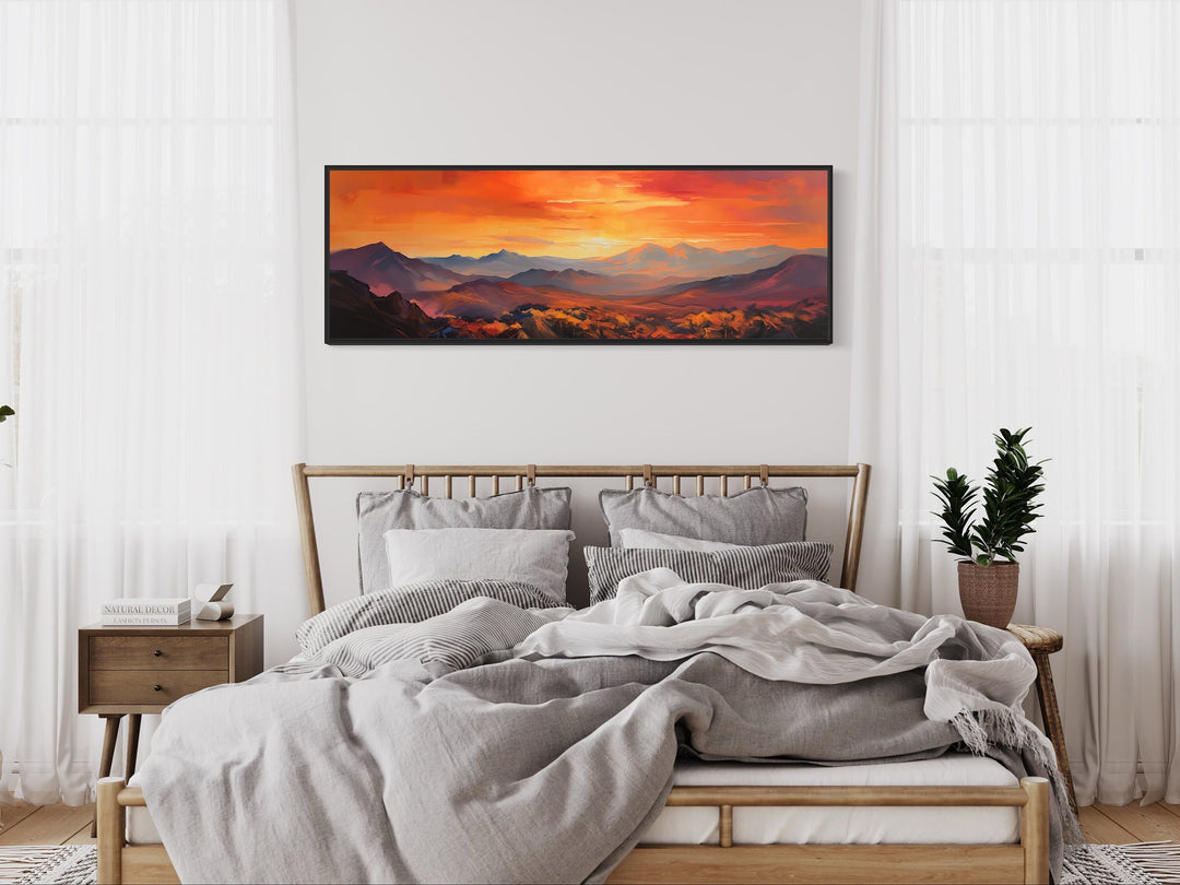 Orange Mountain Sunset Horizontal Framed Canvas Wall Art above bed