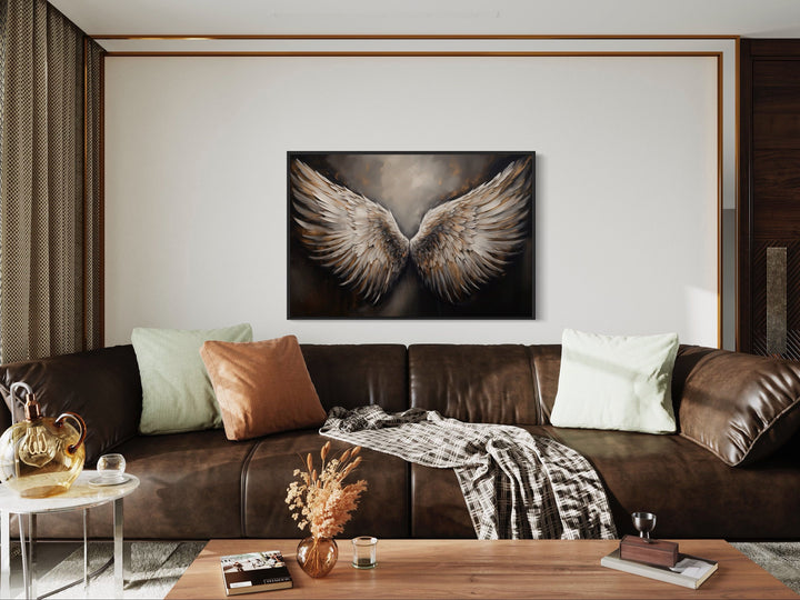 Angel Wings Brown Framed Canvas Wall Art in living room