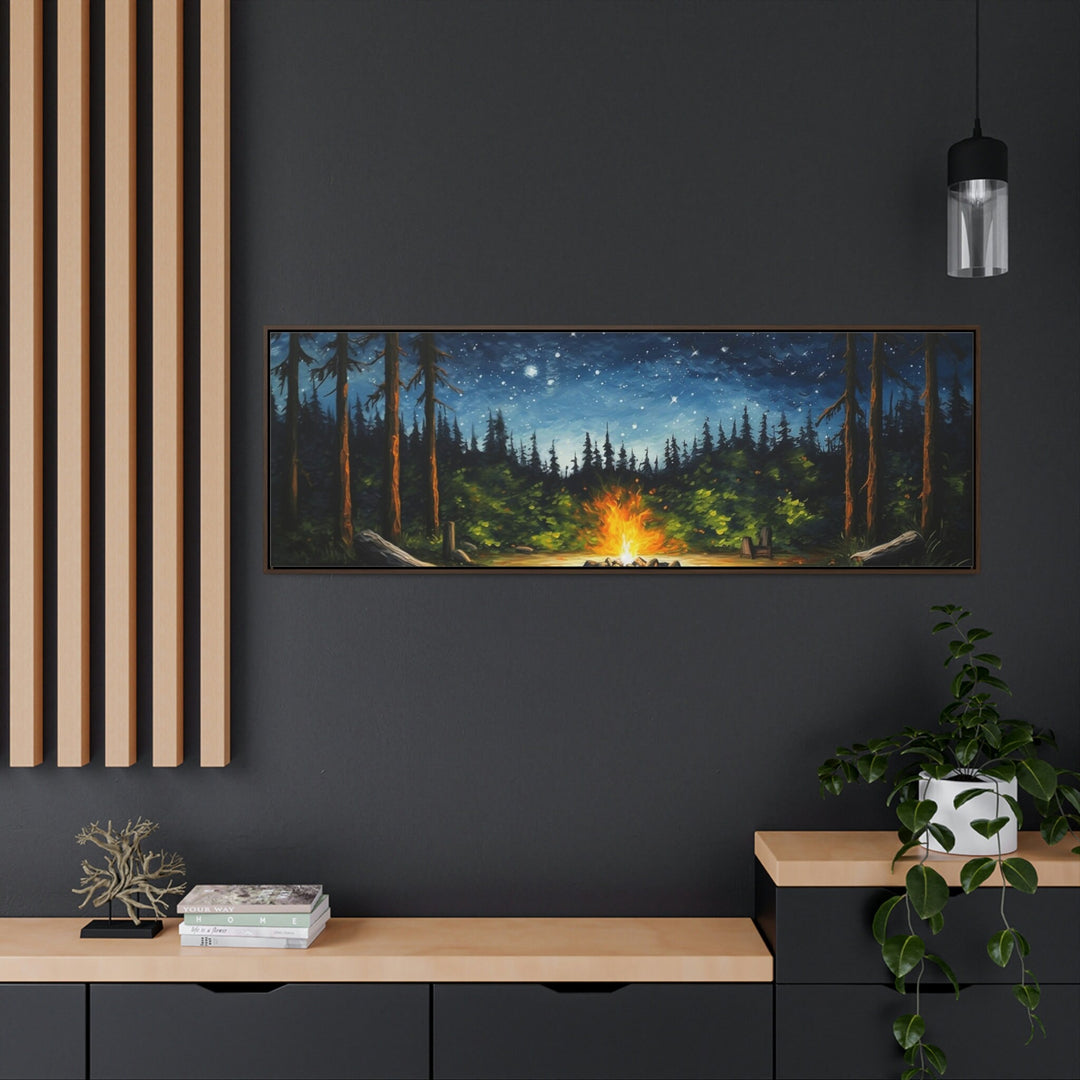 Campfire in The Forest Cozy Cabin Above Mantel Wall Art in dark room