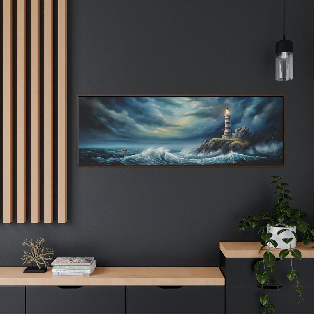 Dramatic Lighthouse In Stormy Ocean Long Horizontal Wall Art in the office