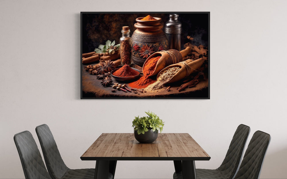 Indian Spices And Herbs Framed Kitchen Wall Art in the kitchen