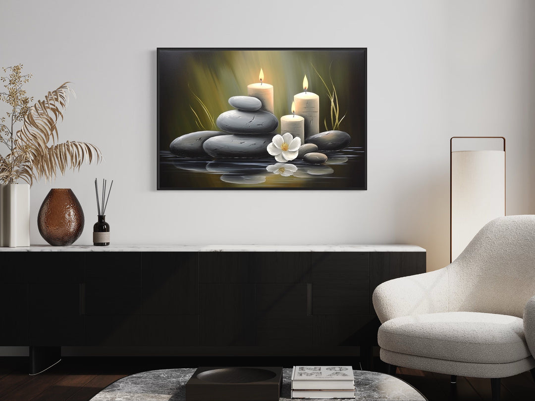 Zen Stones and Candles Framed Canvas Wall Art above table