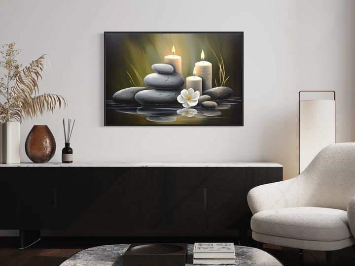 Zen Stones and Candles Framed Canvas Wall Art above table