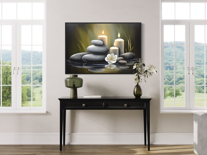 Zen Stones and Candles Framed Canvas Wall Art in living room