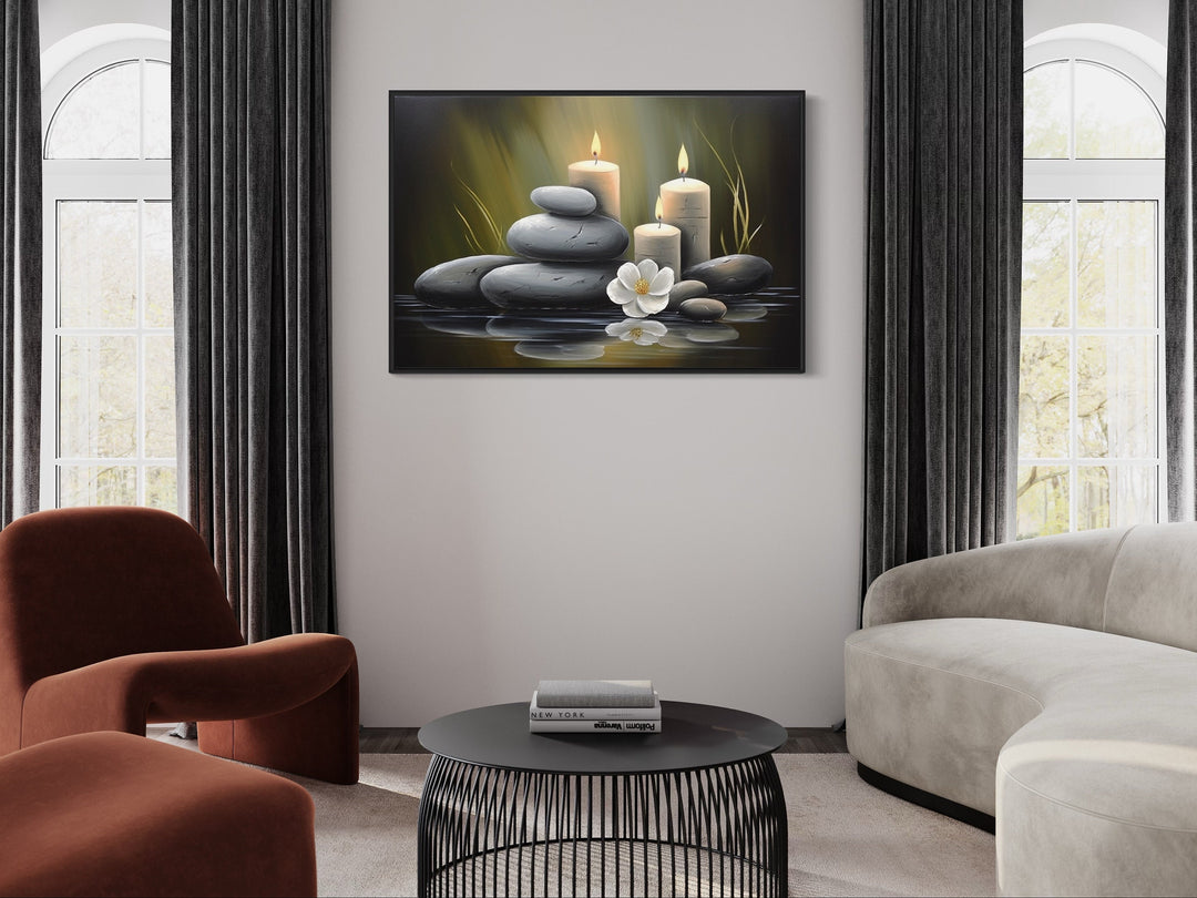 Zen Stones and Candles Framed Canvas Wall Art in living room