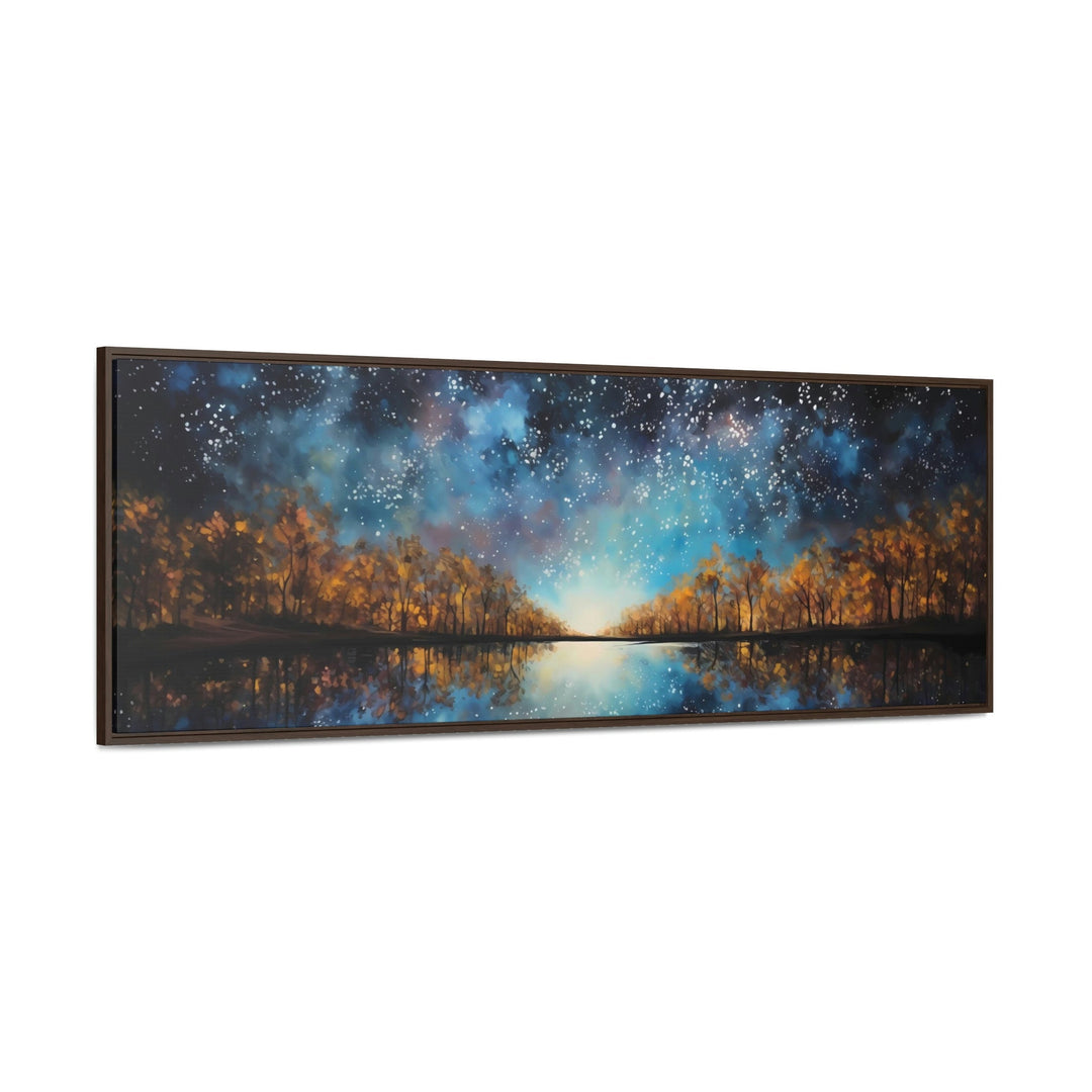 Starry Sky Over Autumn Forest And Lake Painting Framed Canvas Wall Art side view