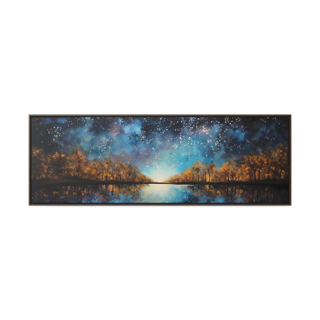Starry Sky Over Autumn Forest And Lake Painting Framed Canvas Wall Art close up