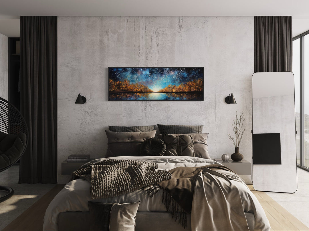 Starry Sky Over Autumn Forest And Lake Painting Framed Canvas Wall Art above bed