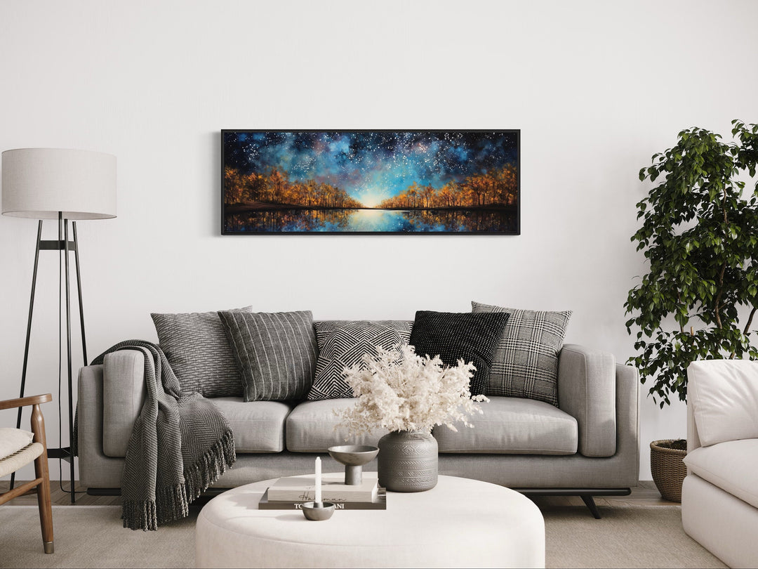 Starry Sky Over Autumn Forest And Lake Painting Framed Canvas Wall Art above grey couch