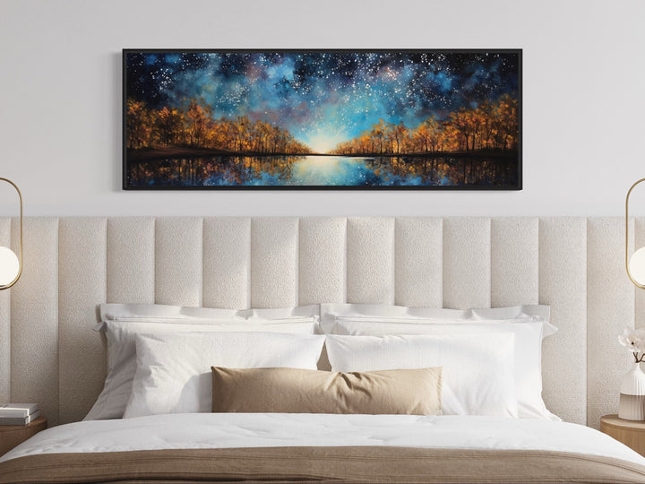 Starry Sky Over Autumn Forest And Lake Painting Framed Canvas Wall Art