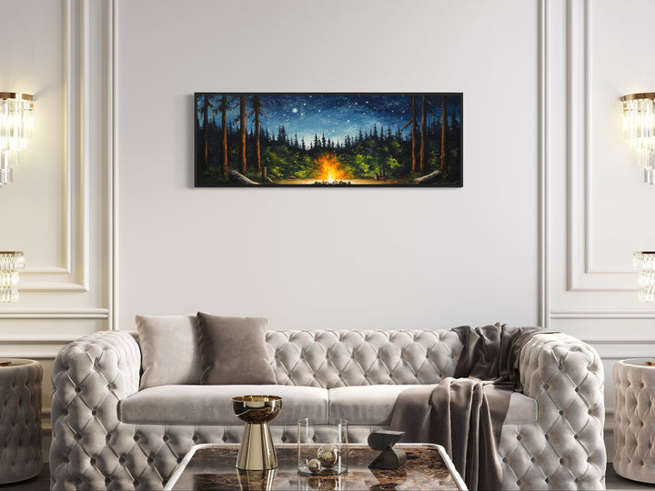 Campfire in The Forest Cozy Cabin Above Mantel Wall Art in living room