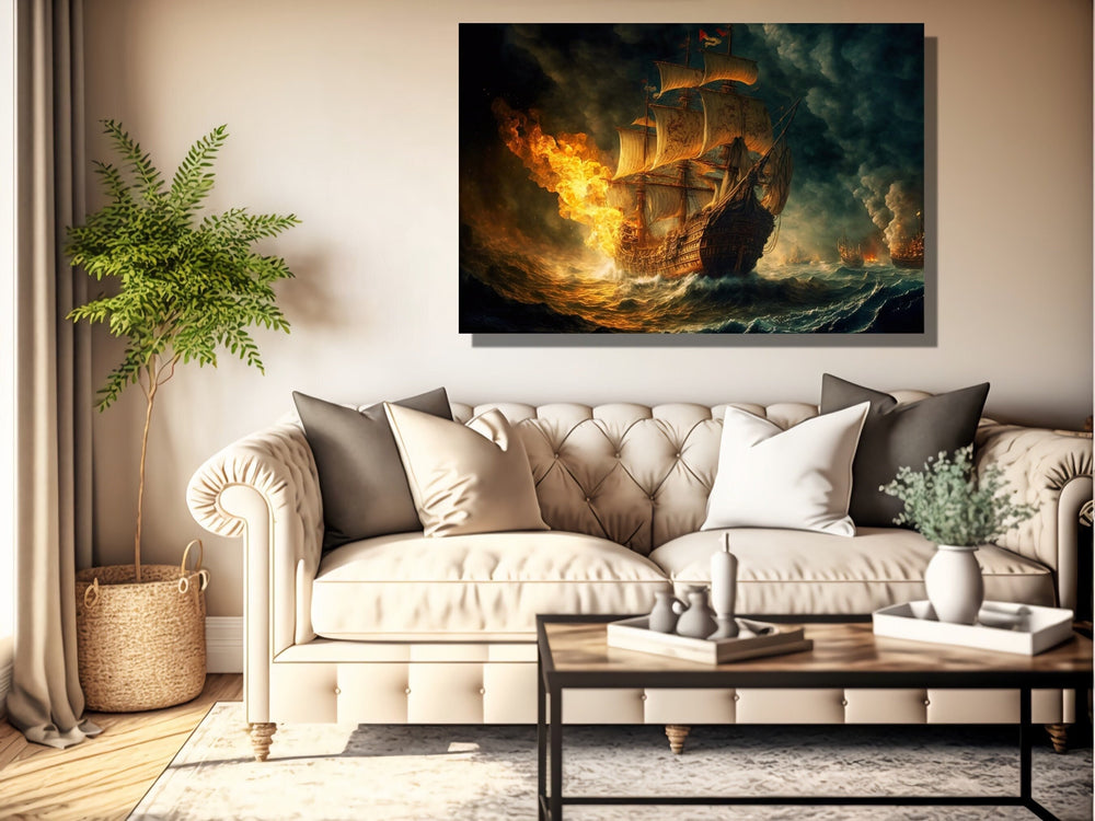 Pirate Ship Battle In Ocean Storm Nautical Framed Canvas Wall Art