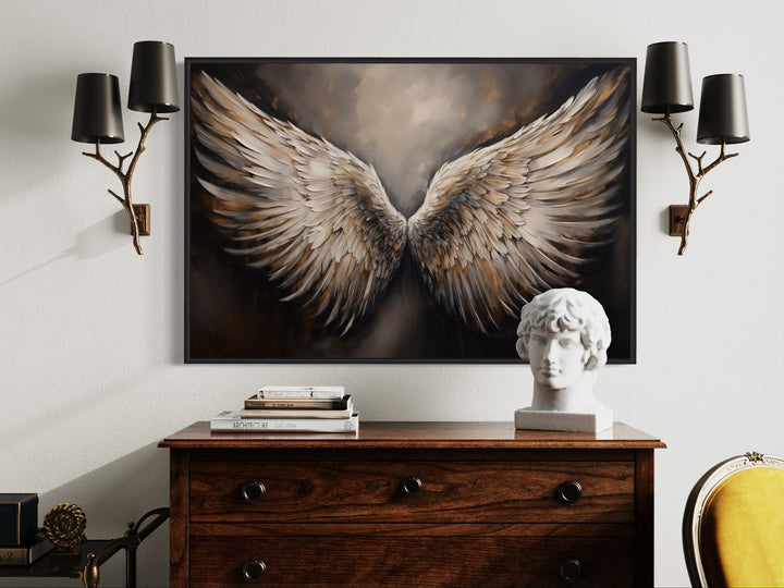 Angel Wings Brown Framed Canvas Wall Art above dresser