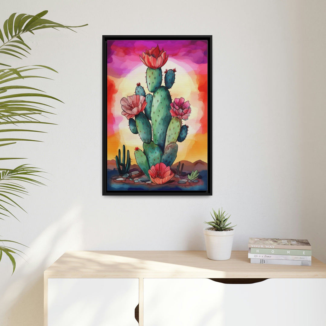 Colorful Cactus Watercolor Painting Framed Canvas Wall Art in living room