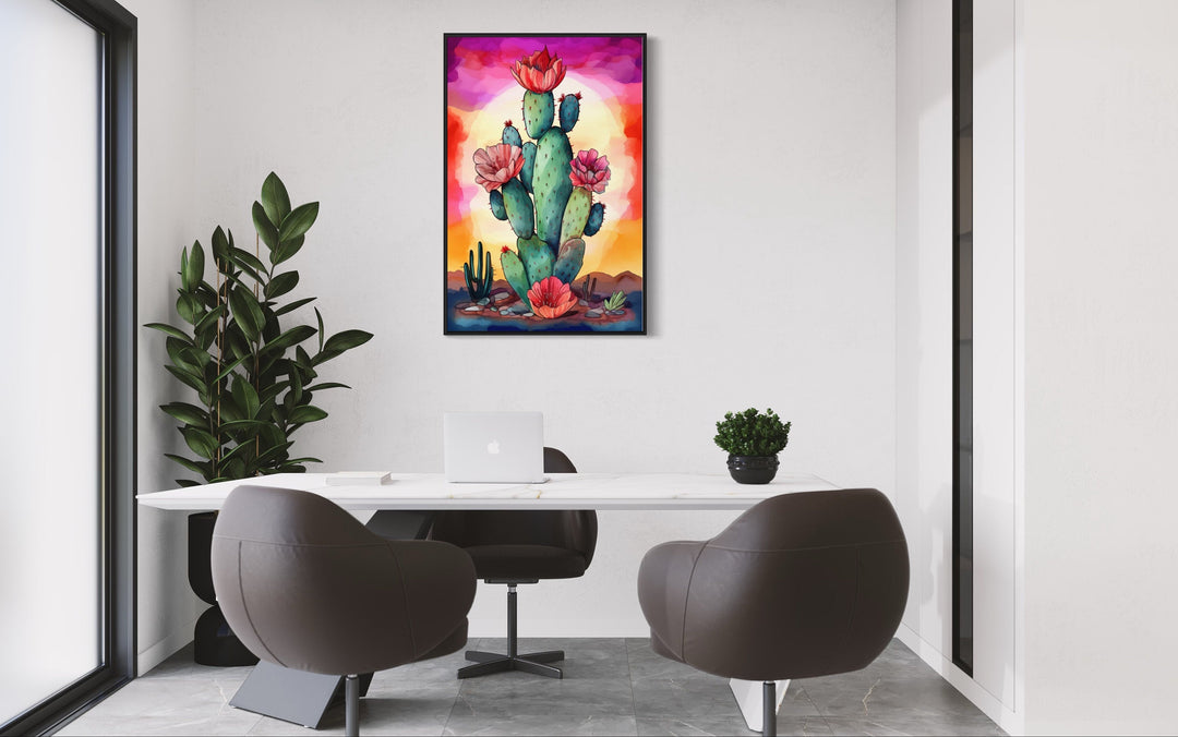 Colorful Cactus Watercolor Painting Framed Canvas Wall Art in living room in the office