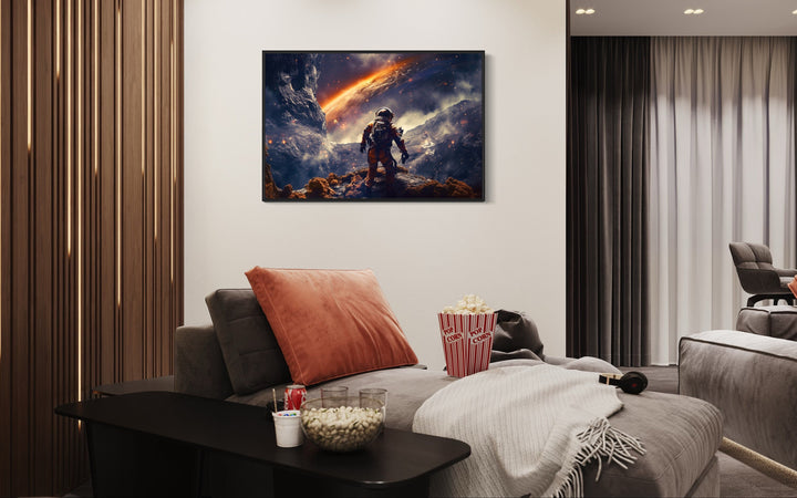 Astronaut On Alien Planet In Space Framed Canvas Wall Art in man cave