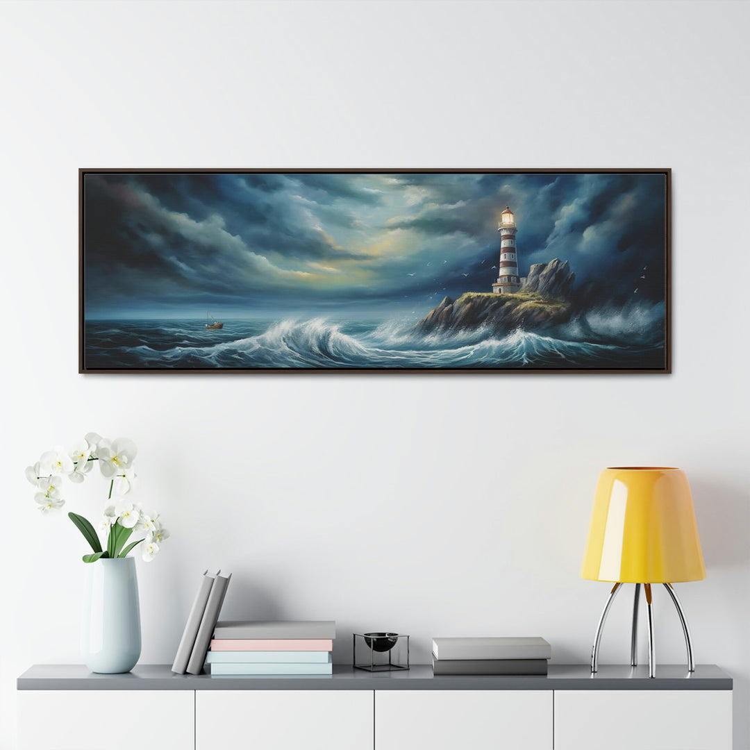 Dramatic Lighthouse In Stormy Ocean Long Horizontal Wall Art in the office