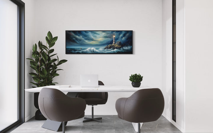 Dramatic Lighthouse In Stormy Ocean Long Horizontal Wall Art in the office