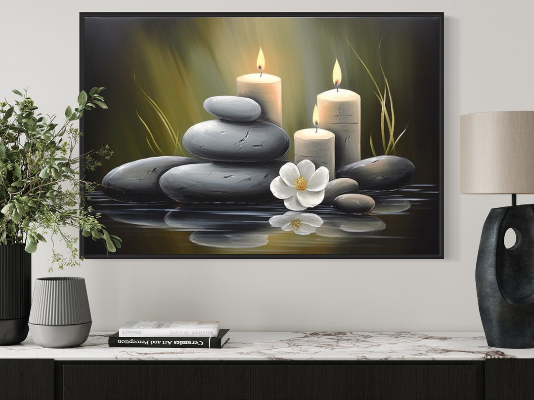 Zen Stones and Candles Framed Canvas Wall Art above desk