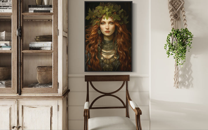 Brigid Celtic Goddess Framed Canvas Wall Art in cozy nook