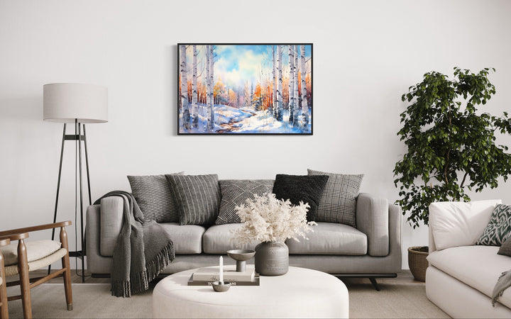 Winter Birch Trees Forest Landscape Framed Canvas Wall Art in living room