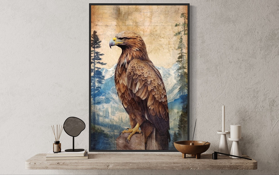 Eagle In Mountains Sitting On a Rock Framed Canvas Wall Art